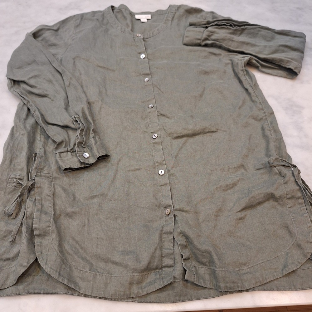 J. Jill Tunic Sz L Olive Green 100% Linen Side Tie Button Down Long Sleeve Top - Picture 3 of 8